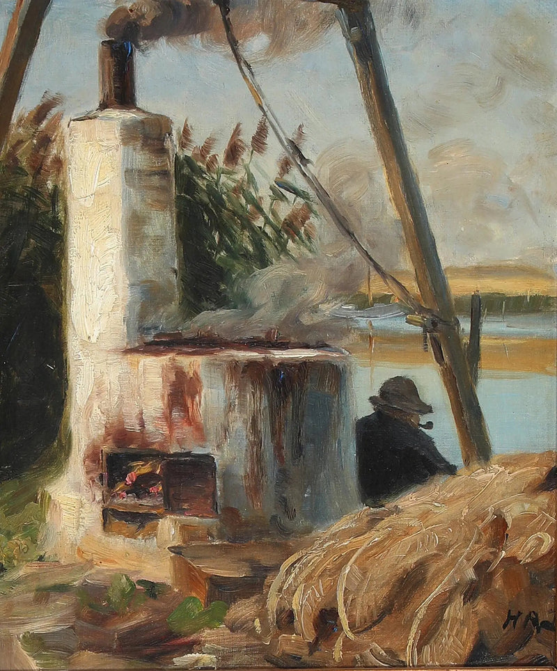 Un hombre sentado frente al horno humeante. - H. A. Brendekilde
