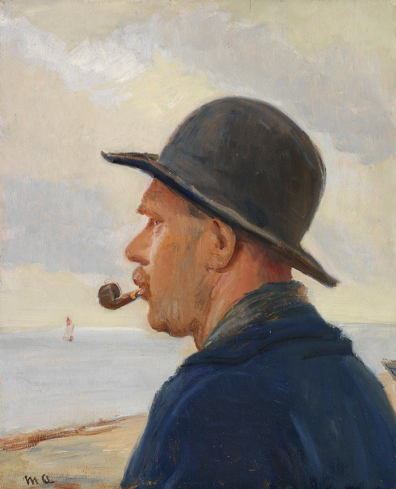 Un hombre con una pipa y un sombrero de fieltro en la playa de Skagen. - Michael Peter Ancher