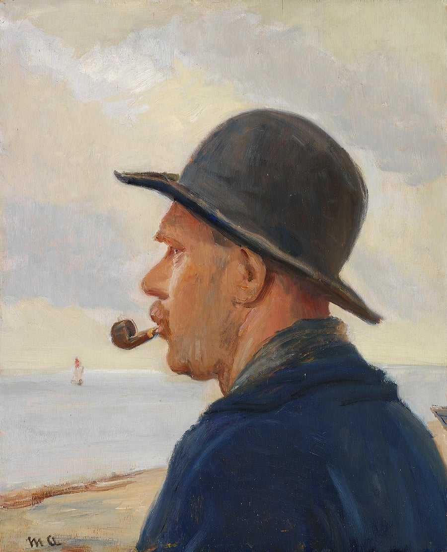 Un hombre con una pipa y un sombrero de fieltro en la playa de Skagen. - Michael Peter Ancher