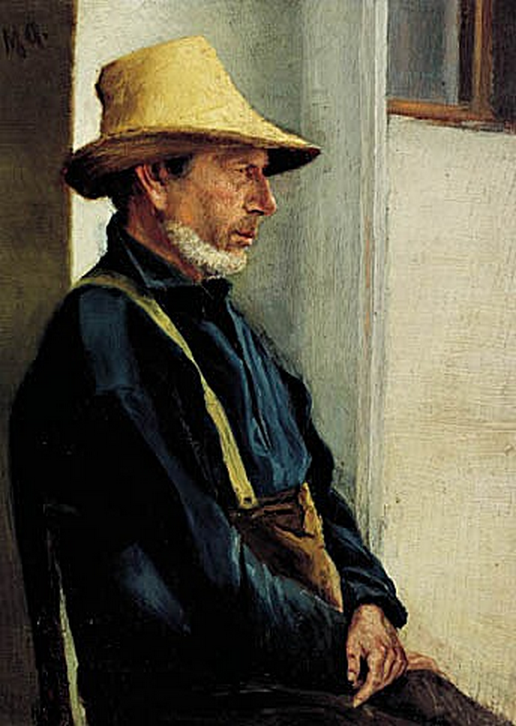 Un hombre de Skagen, vestido con una camisa azul y un sombrero amarillo. - Michael Peter Ancher