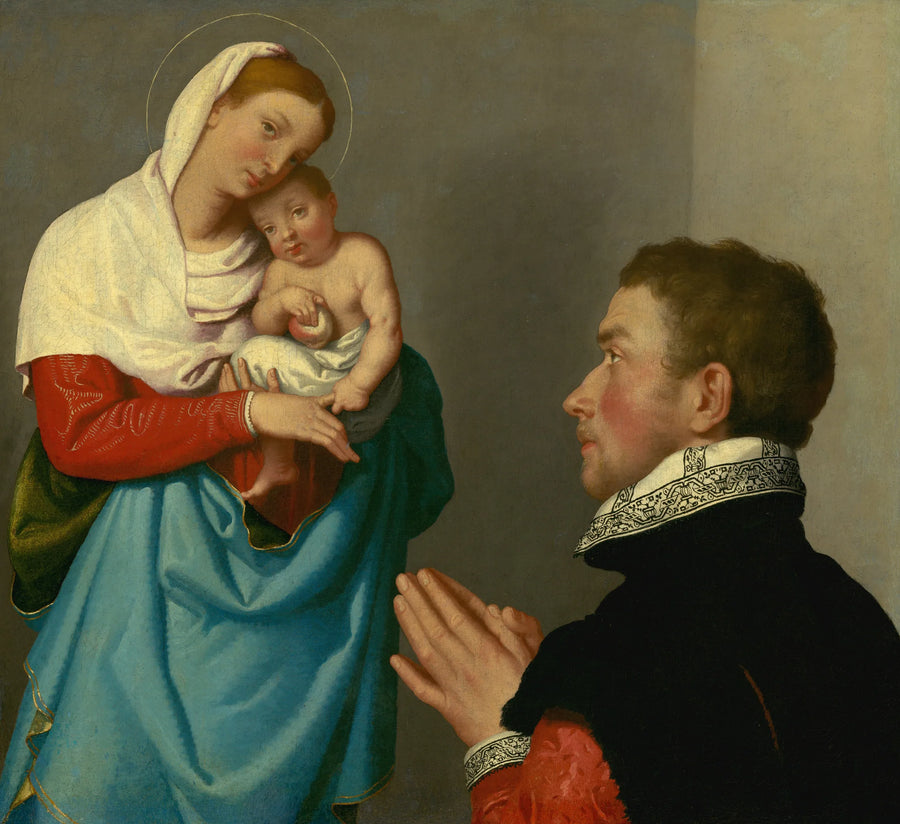 Un hombre en adoración frente a la Virgen María - Giovanni Battista Moroni