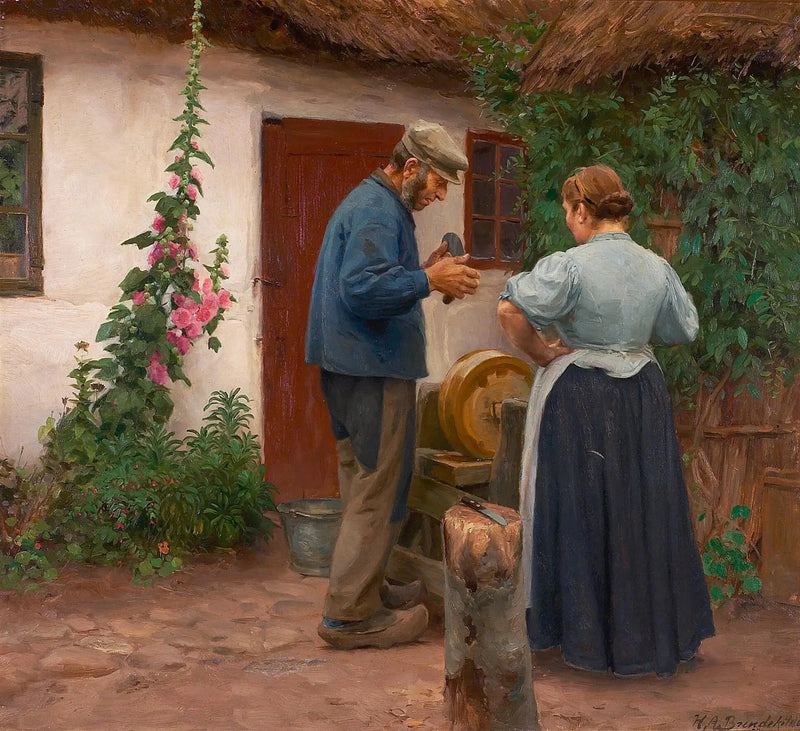 Un hombre y una mujer frente a una piedra de afilar. - H. A. Brendekilde