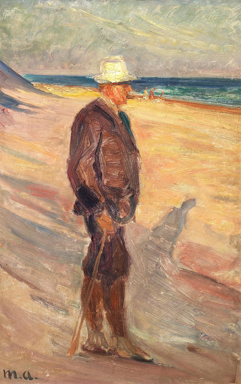 Un hombre con sombrero blanco y bastón en la playa de Skagen. - Michael Peter Ancher