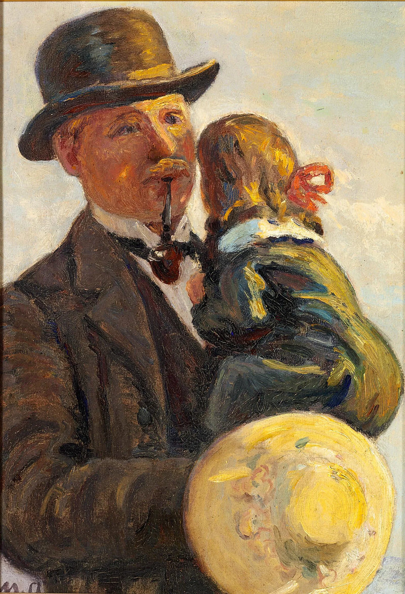 Un hombre lleva a un niño y fuma una pipa. - Michael Peter Ancher