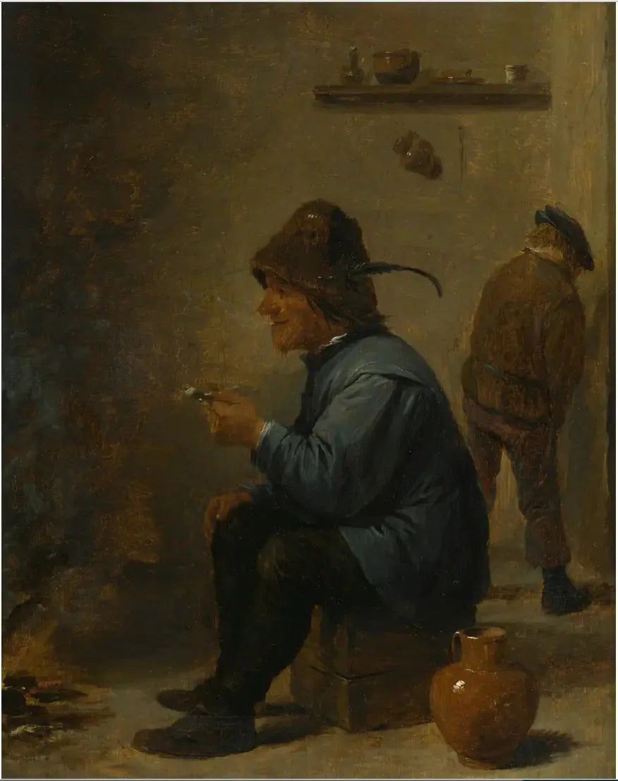 Un hombre sosteniendo una pipa sentado frente a una hoguera en una taberna, un hombre orinando en una esquina - David Teniers el Joven