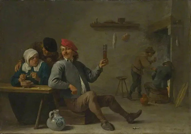 Un hombre sosteniendo un vaso y una anciana encendiendo una pipa - David Teniers el Joven
