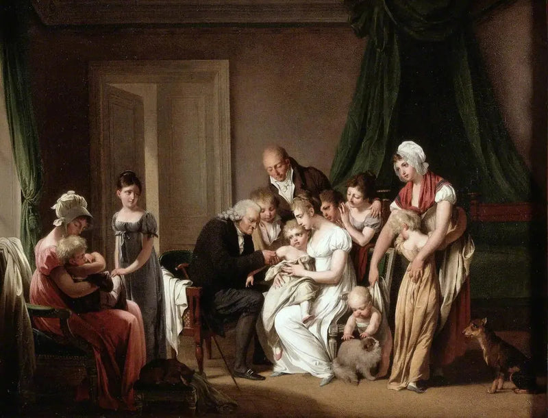 Un hombre vacuna a un niño pequeño sostenido por su madre, bajo la mirada de otros miembros de la familia - Louis-Léopold Boilly
