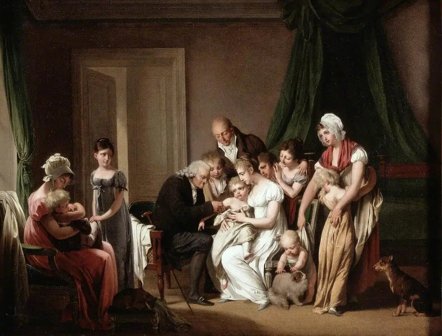 Un hombre vacuna a un niño pequeño sostenido por su madre, bajo la mirada de otros miembros de la familia - Louis-Léopold Boilly