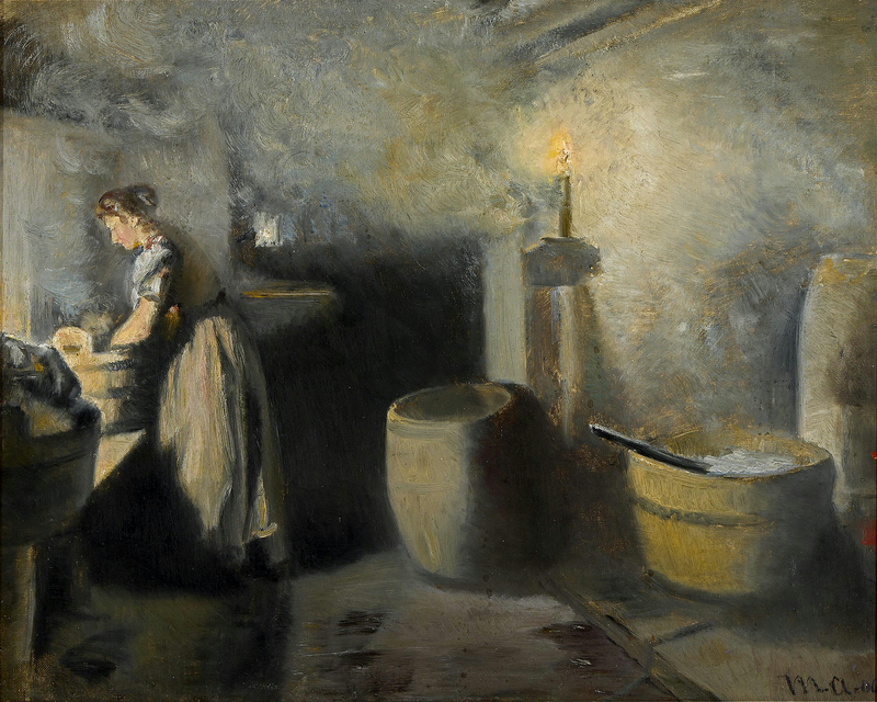 Un interior con una mujer lavando ropa a la luz de las velas. - Michael Peter Ancher