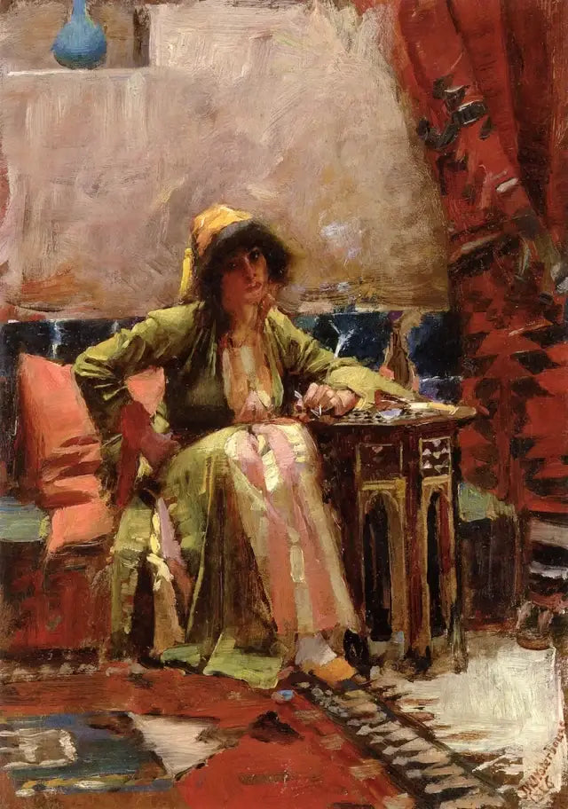 Un interior oriental con una chica sentada - John William Waterhouse