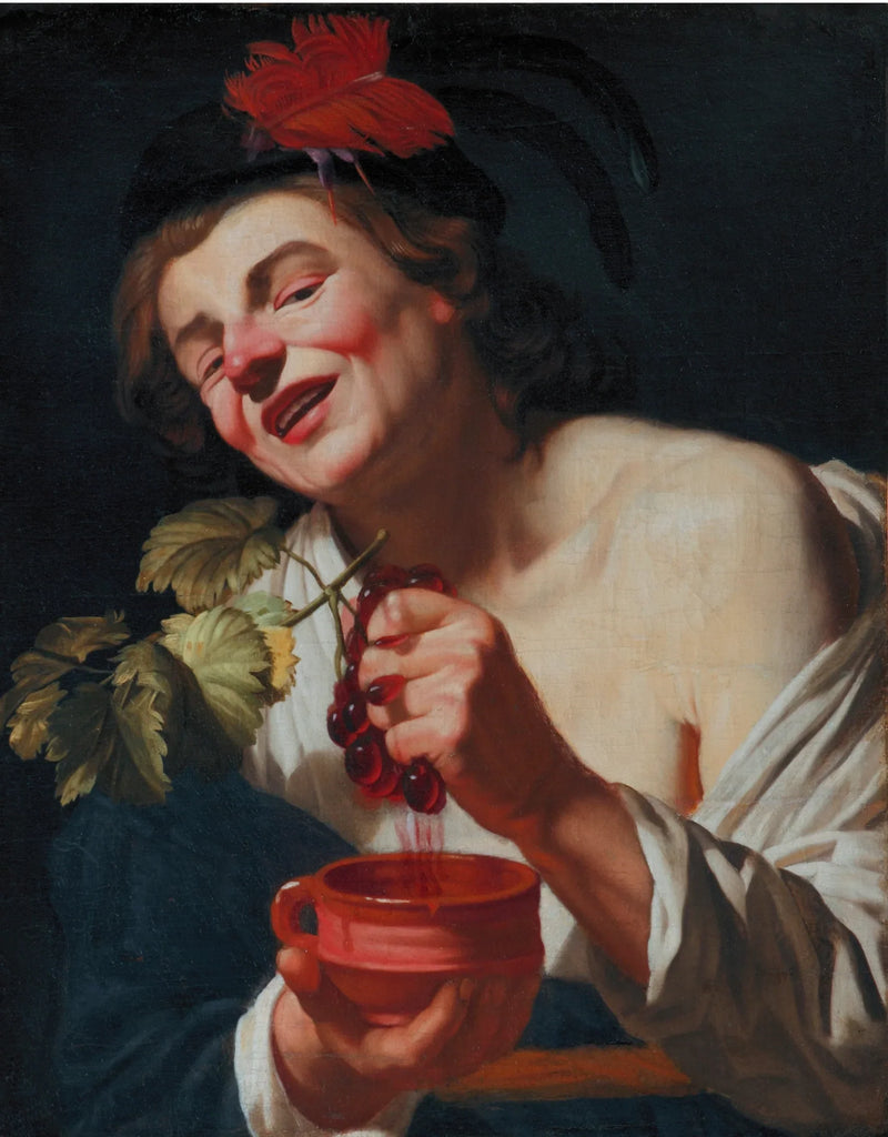 Un joven bebedor apretando uvas en una copa (¿una alegoría del gusto?) - Gerrit van Honthorst