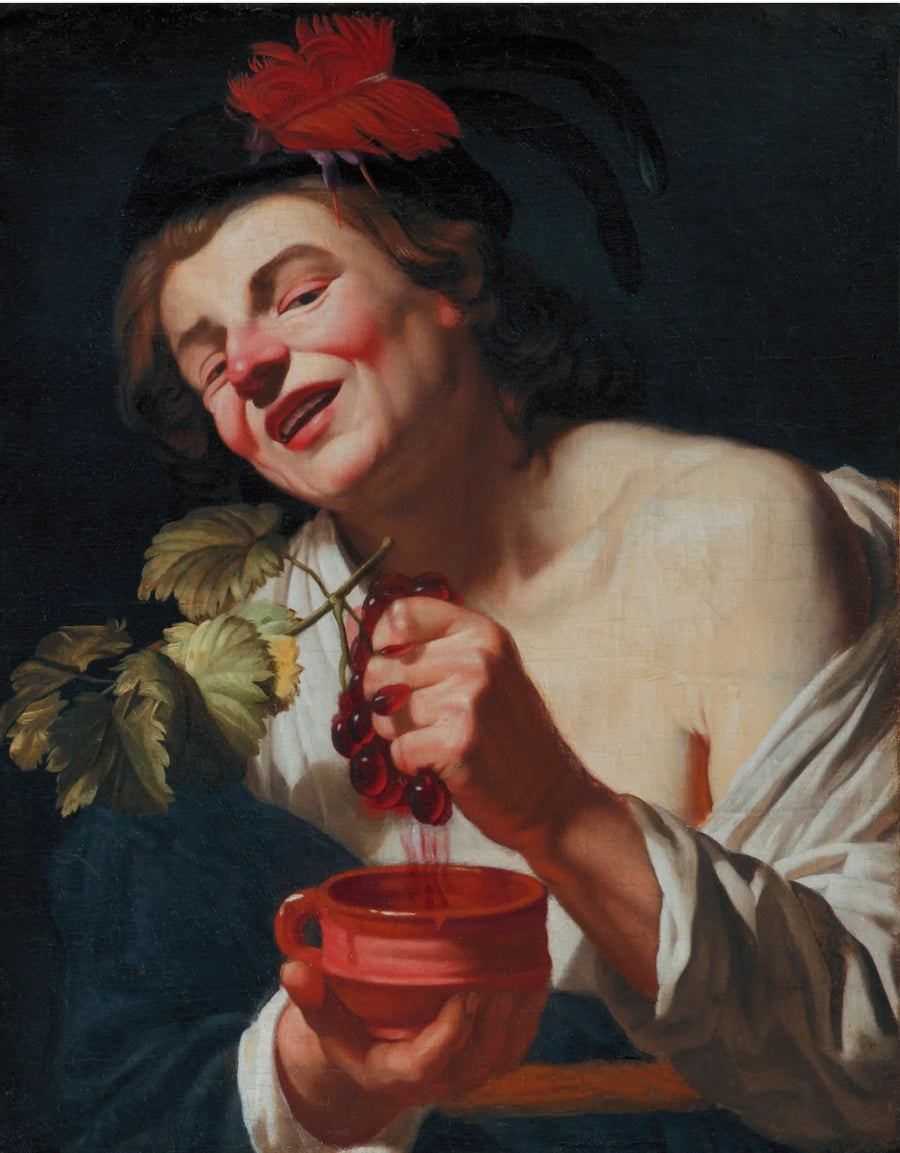 Un joven bebedor apretando uvas en una copa (¿una alegoría del gusto?) - Gerrit van Honthorst