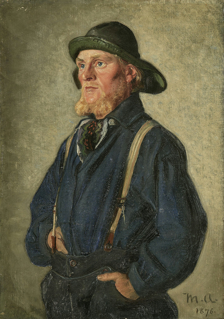 Un joven pescador de pie, con un impermeable verde. -Michael Peter Ancher