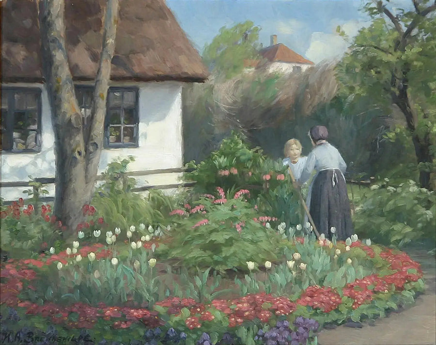 Un día de verano en el jardín. Dos mujeres conversan frente a la puerta. - H. A. Brendekilde