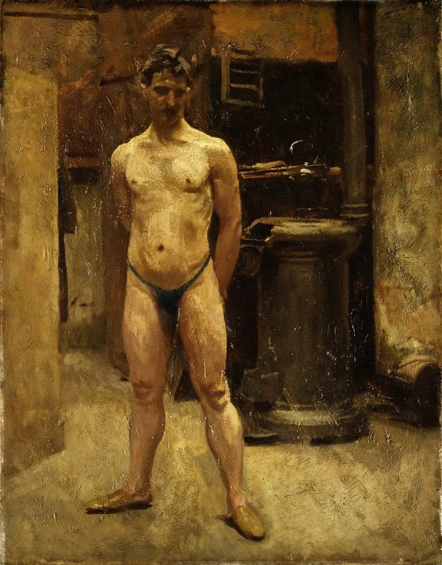 Un maniquí masculino de pie frente a una estufa - John Singer Sargent