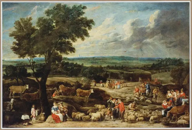 Un mercado de ganado en un vasto paisaje con Amberes a lo lejos - David Teniers el Joven