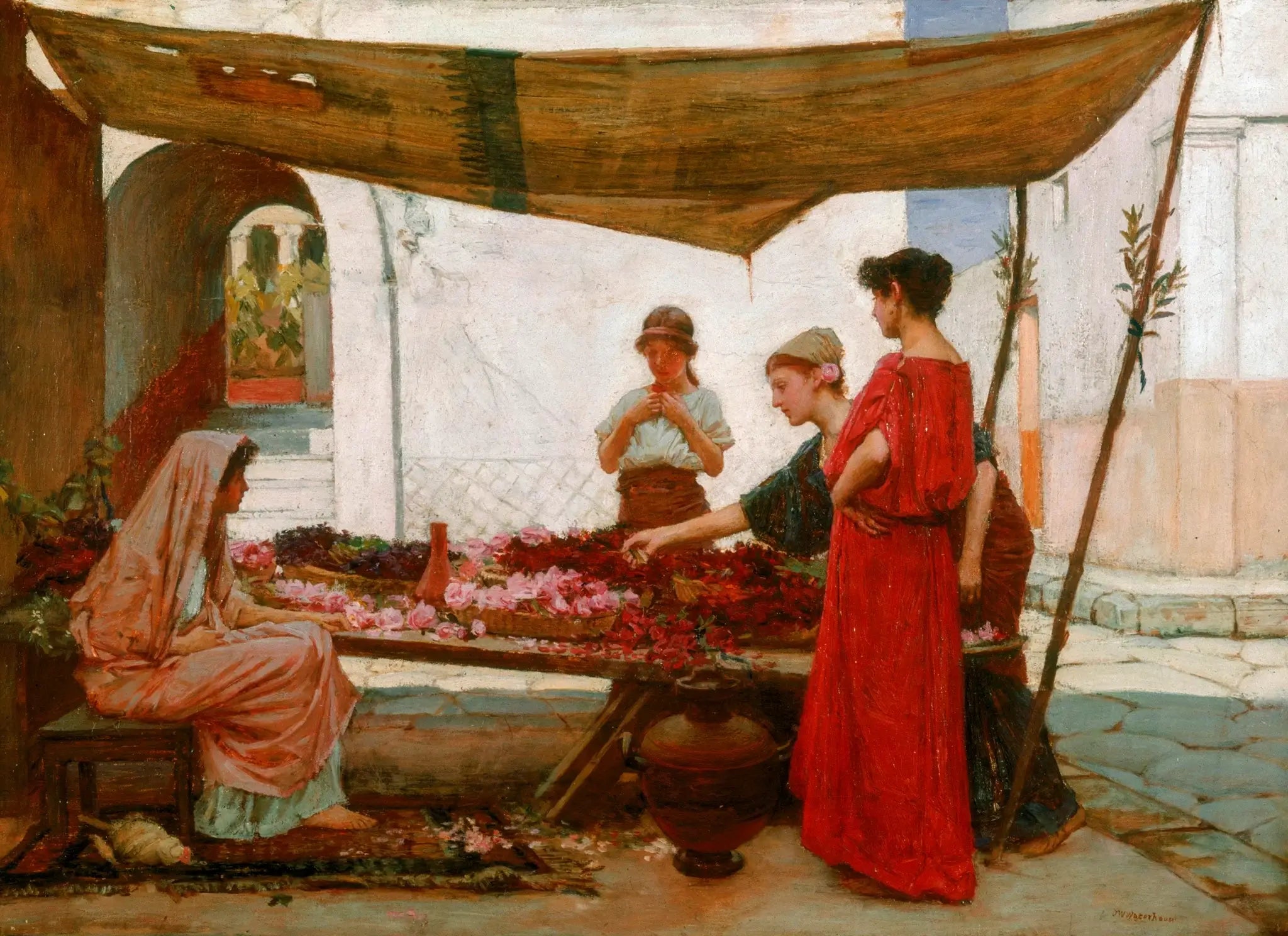 Reproduction du tableau « Un marché aux fleurs grec - John William Waterhouse » par Alpha Reproduction en peinture à l’huile