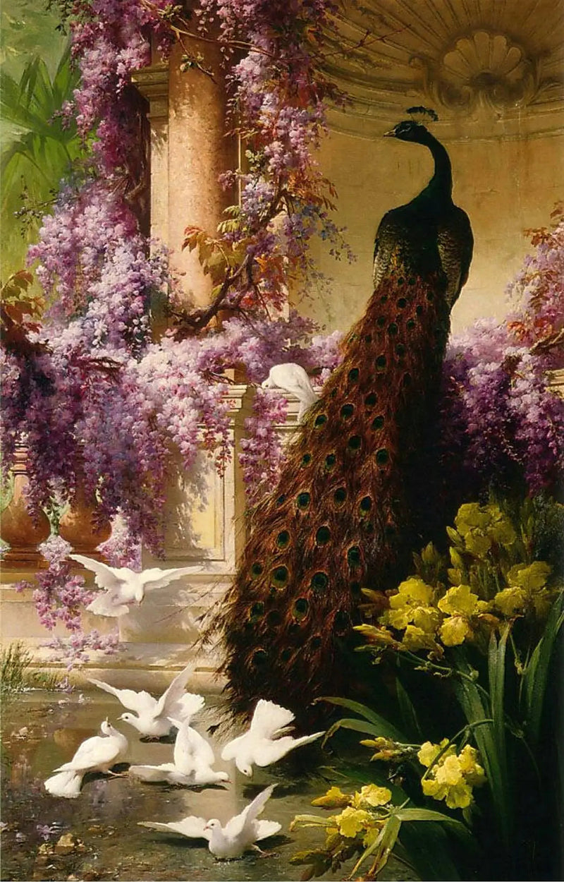 Un pavo real y palomas en un jardín - Eugène Bidau