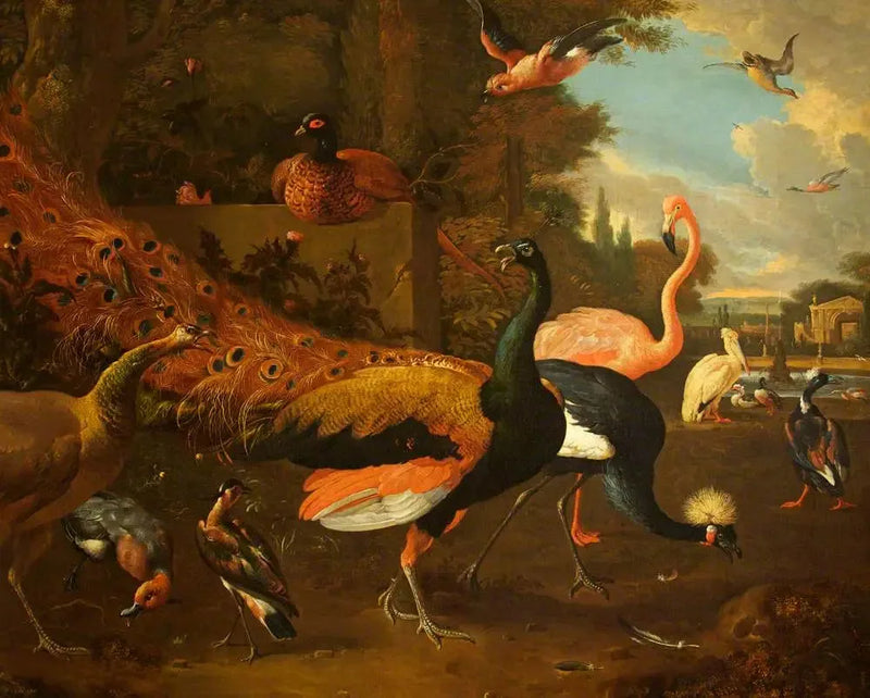 Un pavo real y una pava con una grulla, un flamenco, un pelícano y otros pájaros, en un parque - Melchior de Hondecoeter
