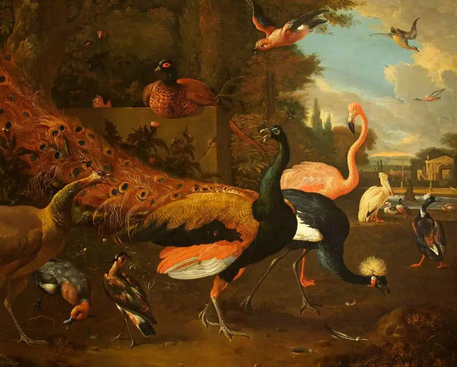 Un pavo real y una pava con una grulla, un flamenco, un pelícano y otros pájaros, en un parque - Melchior de Hondecoeter