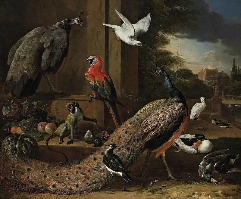 Un pavo real, una pava, un mono y otros pájaros en una terraza - Melchior de Hondecoeter
