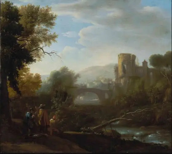 Un paisaje con Tivoli y el templo de Vesta, cazadores y un artista dibujando en primer plano - Claude Lorrain