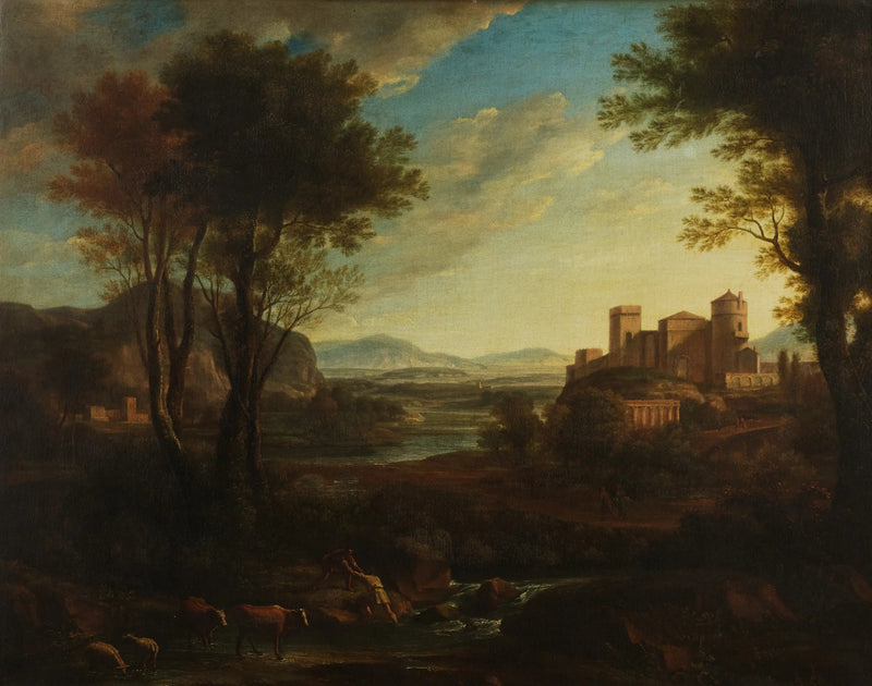 Un paisaje clásico con personajes atravesando un arroyo - Claude Lorrain