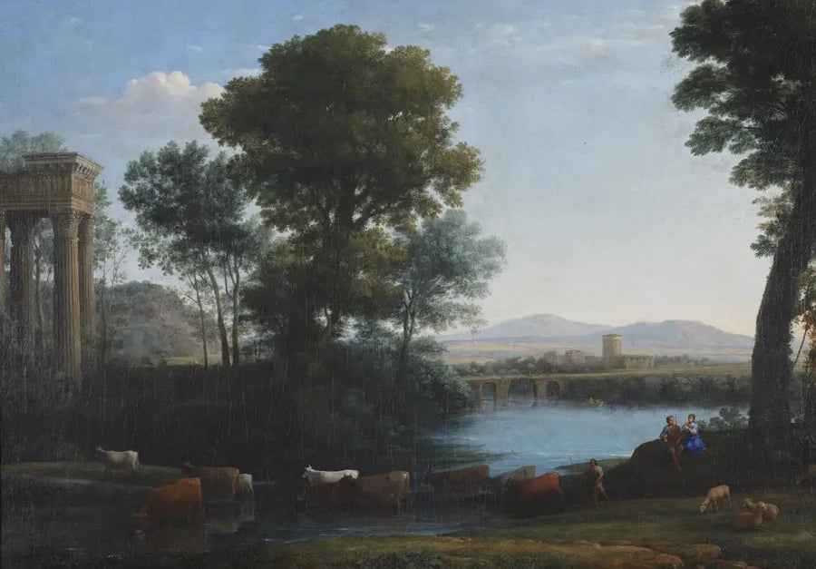 Un paisaje clásico con ganado cruzando un arroyo - Claude Lorrain