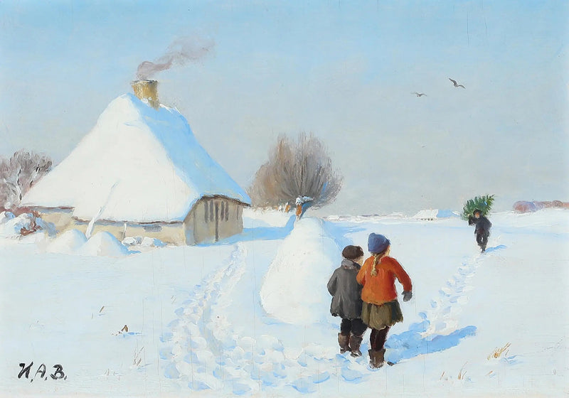 Un paisaje nevado con dos niños en la nieve. - H. A. Brendekilde