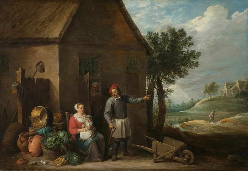 Un campesino con su esposa y su hijo frente a la granja - David Teniers el Joven