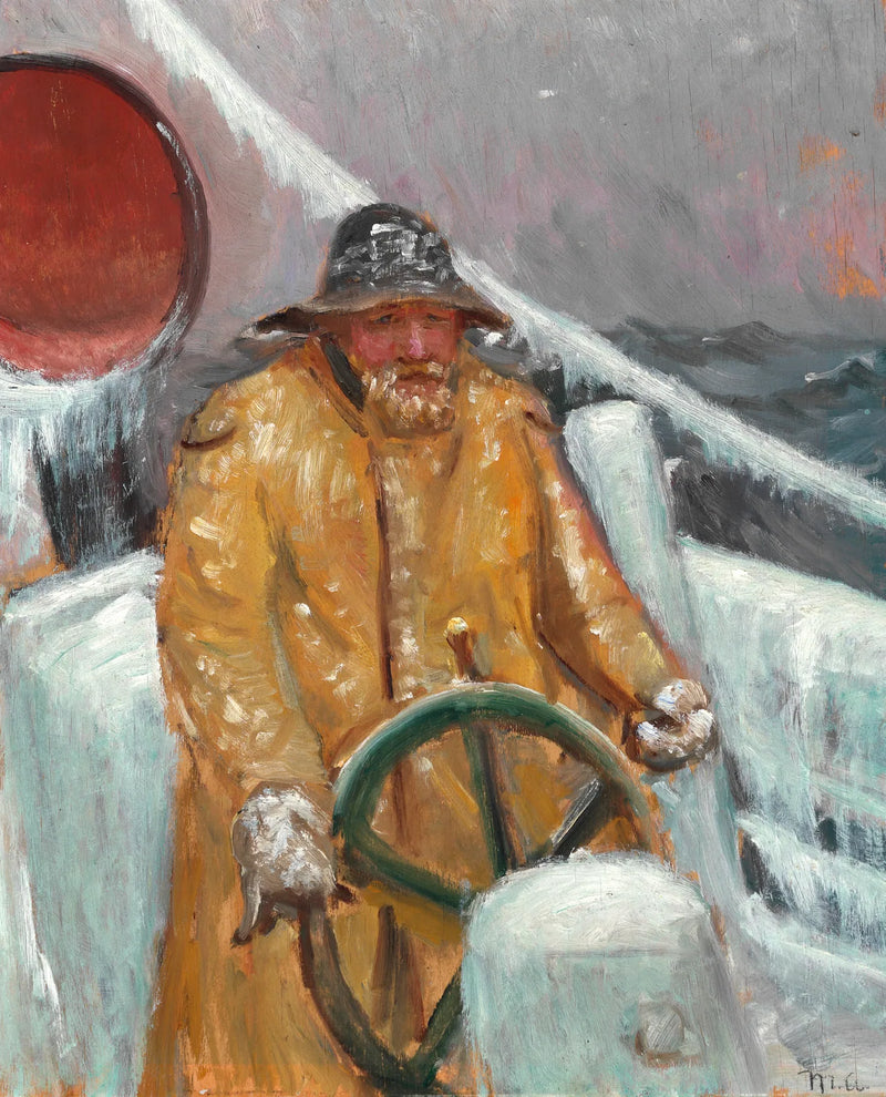 Un pescador al timón de un barco cubierto de hielo. - Michael Peter Ancher