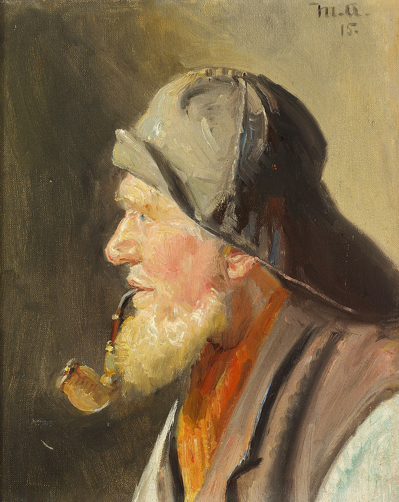 Un pescador con una pipa y un impermeable. - Michael Peter Ancher