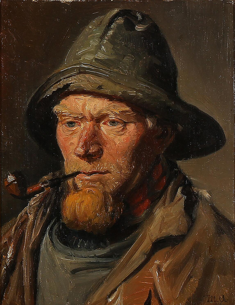 Un pescador de Skagen con un impermeable y fumando en pipa. - Michael Peter Ancher