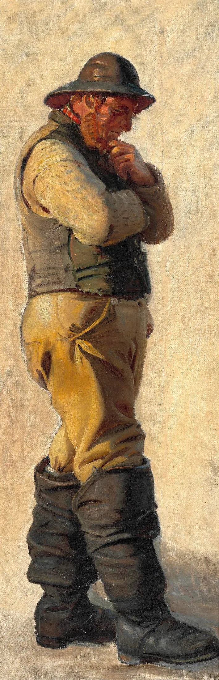Un pêcheur de Skagen, coiffé d'un ciré et chaussé de hautes bottes, se caressant la barbe. - Michael Peter Ancher image 1 copie peinte à la main à l’huile