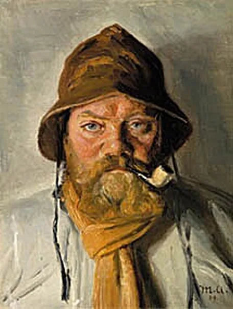 Un pescador de Skagen fumando una pipa y vistiendo un impermeable. -Michael Peter Ancher