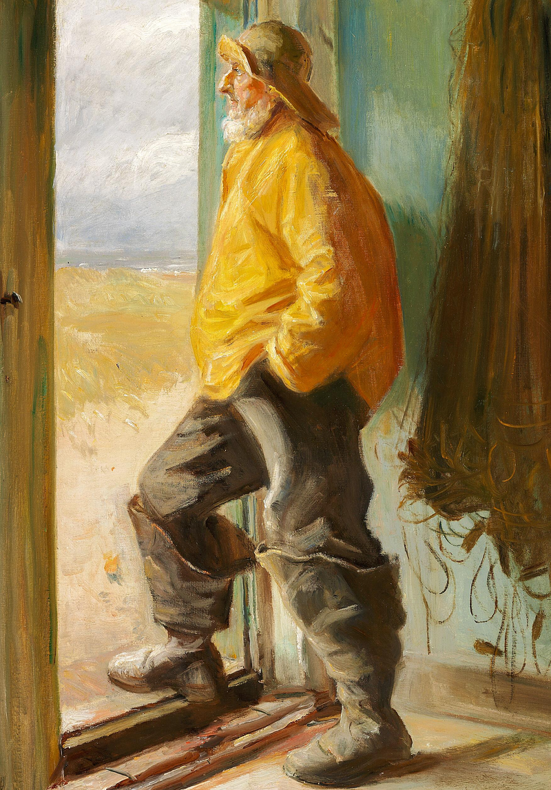 Un pescador de Skagen se encuentra ante una puerta. -Michael Peter Ancher