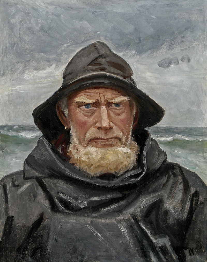 Un pescador de Skagen, vestido con un impermeable, se encuentra junto al mar en un día nublado. -Michael Peter Ancher