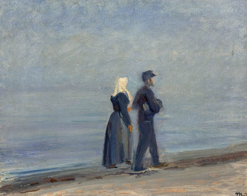 Un pescador y su esposa caminan por la playa de Skagen. -Michael Peter Ancher