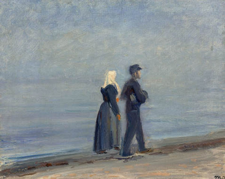 Un pescador y su esposa caminan por la playa de Skagen. -Michael Peter Ancher