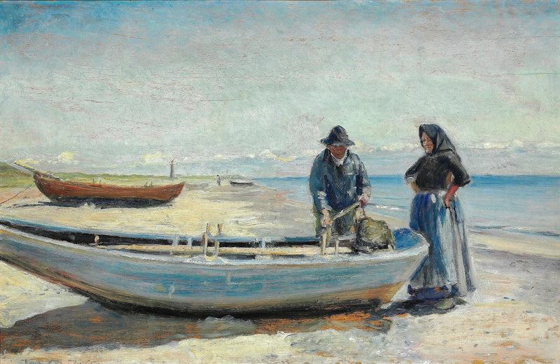 Un pescador y su esposa en la playa de Skagen Sønderstrand, cerca de un barco. Un faro se vislumbra en el horizonte. - Michael Peter Ancher