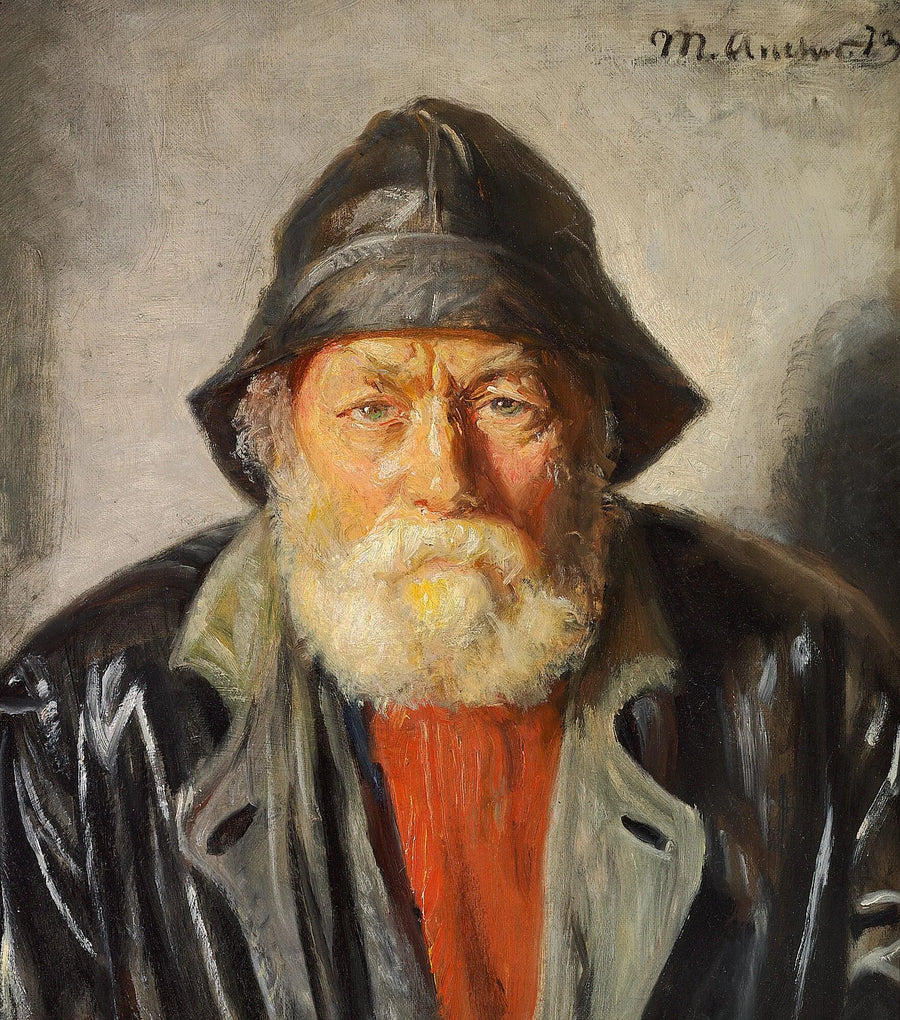 Un pescador con un impermeable negro, un abrigo y un suéter rojo. - Michael Peter Ancher