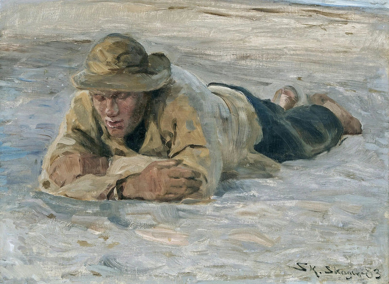 Un pescador descansando en la arena, el pecho contra los brazos - Peder Severin Krøyer