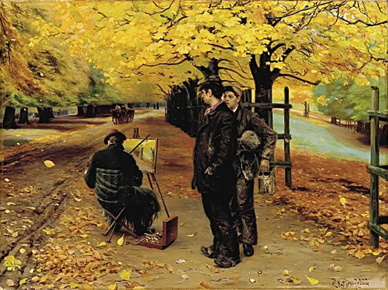 Un pintor en su caballete un día de otoño en Dyrehaven, cerca de Copenhague. - H. A. Brendekilde