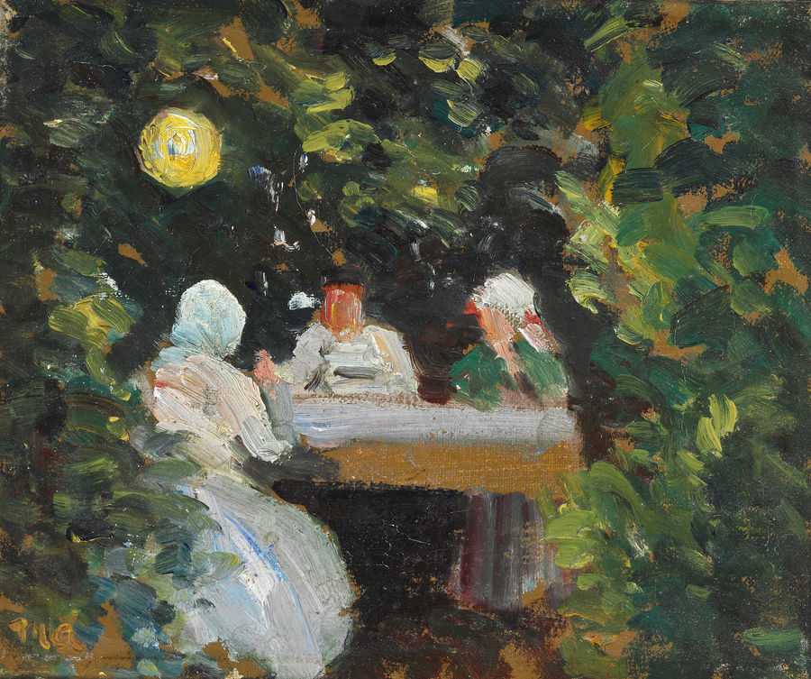 Un pequeño grupo reunido alrededor de la mesa a la luz de una linterna china - Michael Peter Ancher