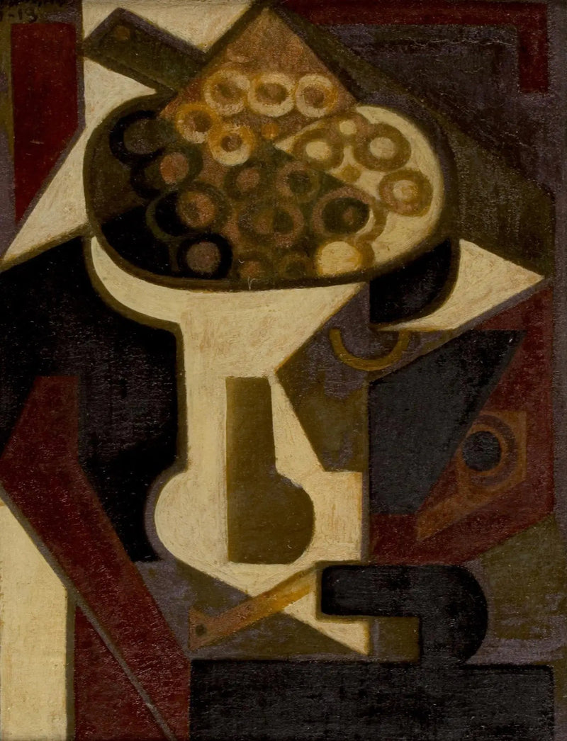 Un plato de uvas y una pipa sobre una mesa - Juan Gris