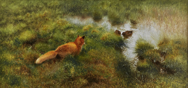 Un zorro acecha a los patos a lo largo de un arroyo. - Bruno Liljefors
