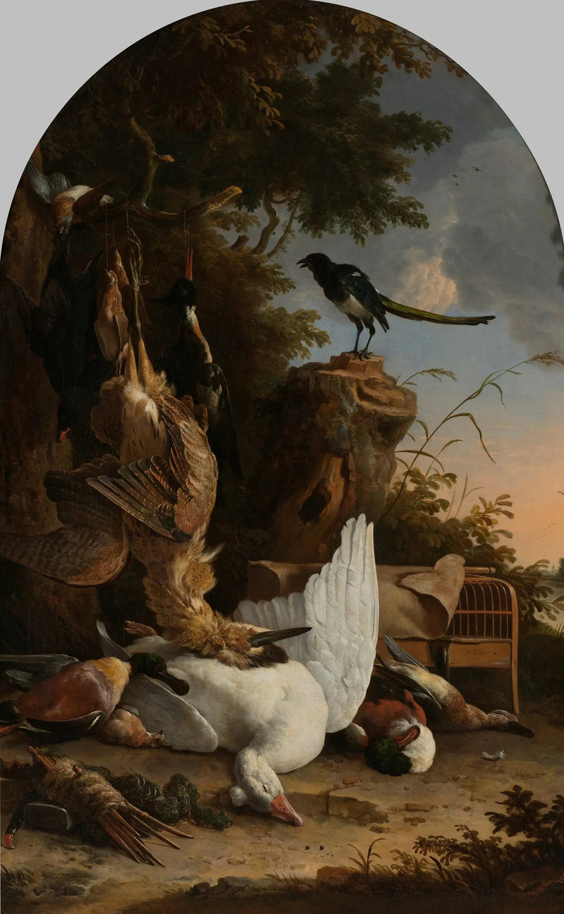 Un saco de cazador cerca de un tocón de árbol con un urraca, conocida como « la urraca contemplativa » - Melchior de Hondecoeter