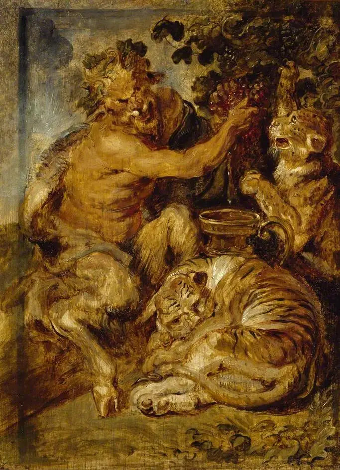 Un sátiro apretando uvas con un tigre y un leopardo - Peter Paul Rubens