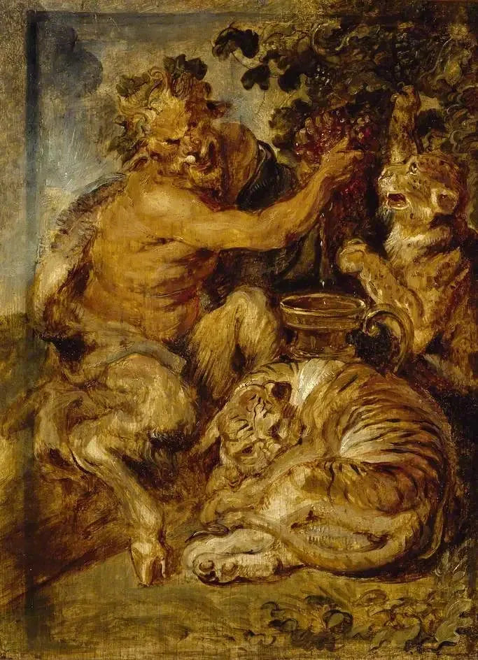 Un sátiro apretando uvas con un tigre y un leopardo - Peter Paul Rubens