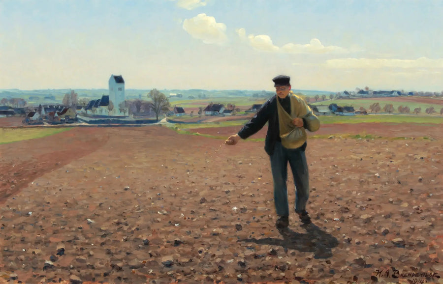 Un sembrador de campo en un día soleado de primavera en la iglesia de Brendekilde - H. A. Brendekilde